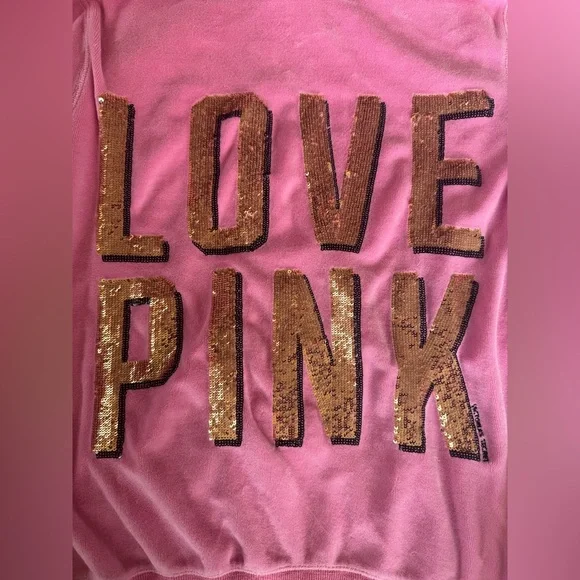 Y2K Victoria's Secret Love Pink Velour Hoodie bubblegum Pink Gold Sequin Medium - Picture 3 of 12